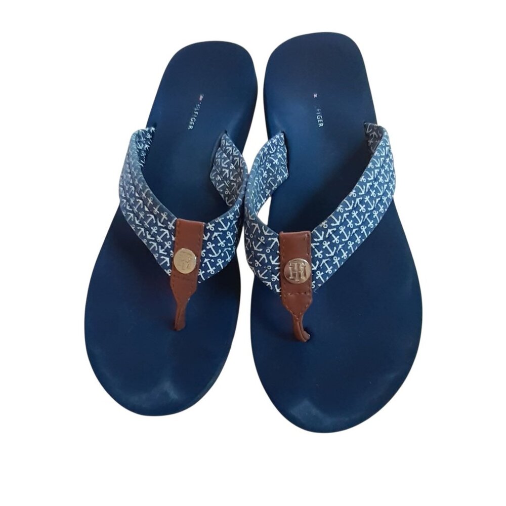 Tommy Hilfiger Slip On Flip Flop Sandals Womens Size 8 Blue Anchor Print
